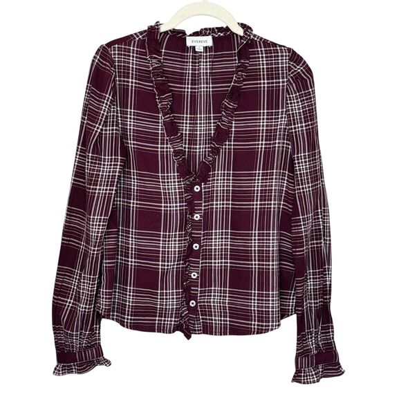 Evereve Shirt Womens Small Burgundy Plaid Ruffle Trim Button Front Long Sleeve - Picture 1 of 8